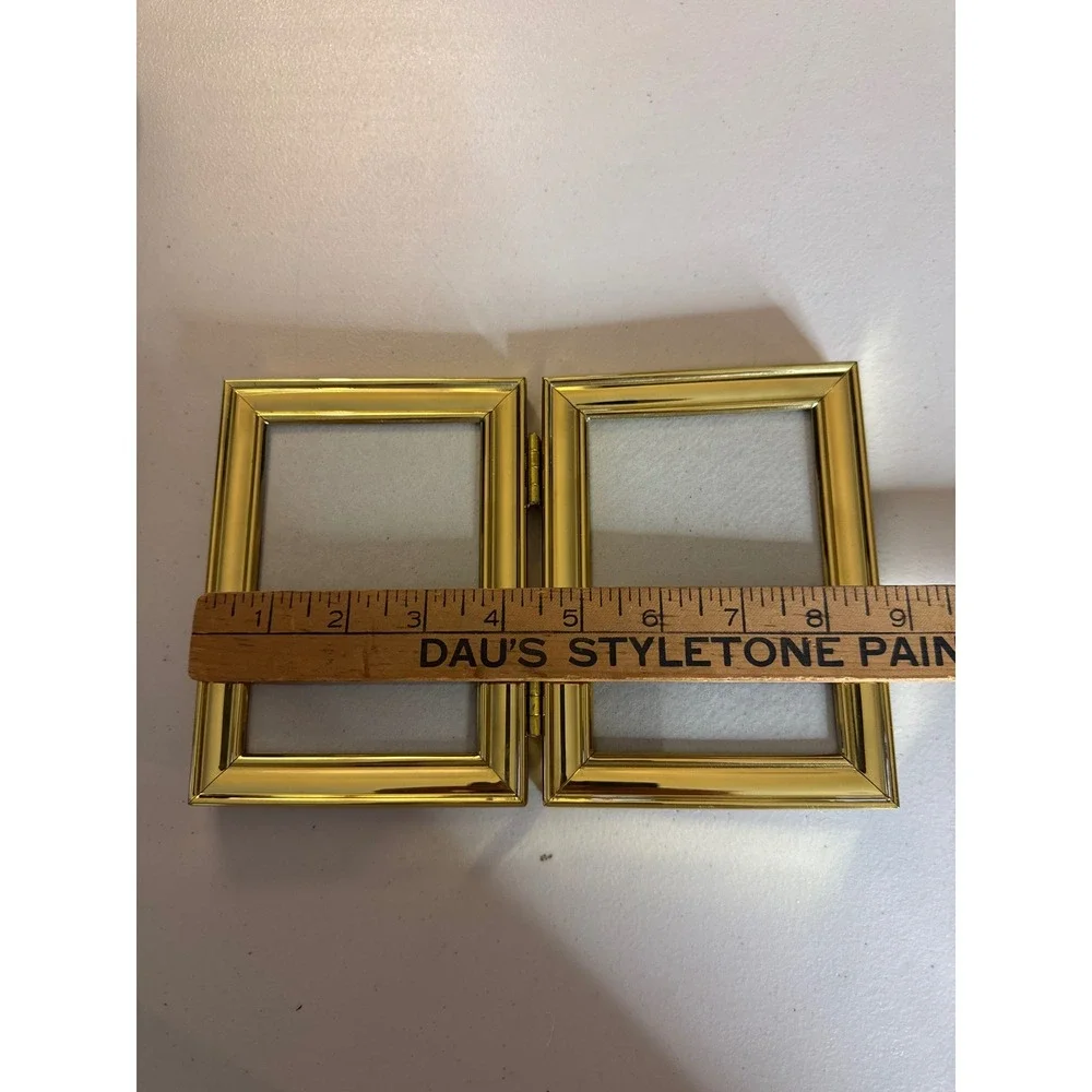 Vintage Gold Tone Hinged Double Picture Frame 3.5x5 Beveled Metal Tabletop Korea